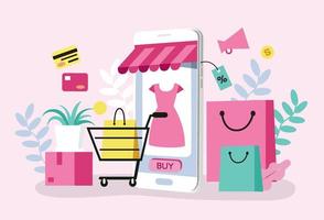 The cart is placed on the mobile phone.Shopping bags inside.Online shopping concept illustration.Decorated with credit card boxes, branches on a pink background. Design for website, promotion.