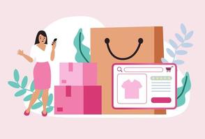 Women happy with shopping on mobile pay by credit card. Shopping online in an online store on a website or mobile application. vector concept loves shopping. Design for Sale banner, Digital marketing.