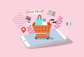 The cart is placed on the mobile phone.Shopping bags inside.Online shopping concept illustration.Decorated with credit card boxes, branches on a pink background. Design for website, promotion. vector