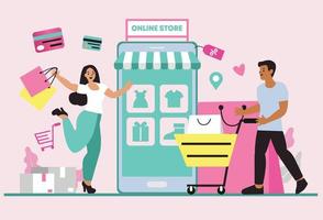 mujeres felices con compras en pago móvil con tarjeta de crédito. compras en línea en una tienda en línea en un sitio web o aplicación móvil. el concepto de vector ama ir de compras. diseño para banner de venta, marketing digital.