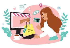 mujeres felices con compras en pago móvil con tarjeta de crédito. compras en línea en una tienda en línea en un sitio web o aplicación móvil. el concepto de vector ama ir de compras. diseño para banner de venta, marketing digital.