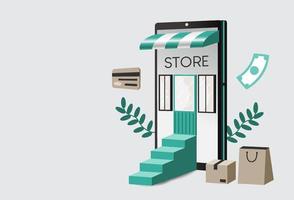 Online shopping illustration, perspective vector style. Banner for online promotion or website. Design for landing page, mobile app, shop online, background, business. Mobile is online store.