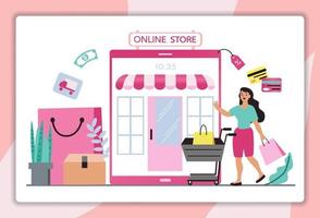 mujeres felices con compras en pago móvil con tarjeta de crédito. compras en línea en una tienda en línea en un sitio web o aplicación móvil. el concepto de vector ama ir de compras. diseño para banner de venta, marketing digital.