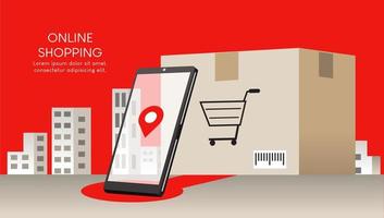 Online shopping illustration, There is a white mobile, a red shopping cart, and a shopping bag. Design for website, sale banner, landing page, mobile app, shop online, online store, business vector