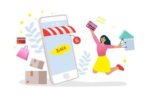 mujeres felices con compras en pago móvil con tarjeta de crédito. compras en línea en una tienda en línea en un sitio web o aplicación móvil. el concepto de vector ama ir de compras. diseño para banner de venta, marketing digital.