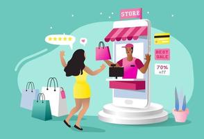 mujeres felices con compras en pago móvil con tarjeta de crédito. compras en línea en una tienda en línea en un sitio web o aplicación móvil. el concepto de vector ama ir de compras. diseño para banner de venta, marketing digital.