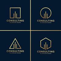 Golden consulting or building logo and business card with line art design. gold, building, consulting, chart, business card, company, office, Premium Vector
