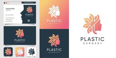 Plastic surgery woman logo with gradient style and business card design template, leaf, woman, beauty, face, nature, organic, Premium Design vector