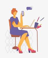 mujer haciendo una carrera - trabajando en la oficina o en casa, escribiendo en la computadora y haciendo llamadas telefónicas, ilustración vectorial plana aislada. personaje de dibujos animados de persona ejecutiva o mujer de negocios en el trabajo. vector