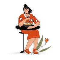 mujer joven sentada en la mesa y comiendo fideos con palos de madera, ilustración de vector de personaje de dibujos animados aislado sobre fondo blanco. cocina china o japonesa.