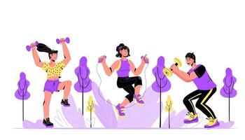 Outdoor sport activity concept of colorful banner with exercising men and women, cartoon vector illustration. People doing sport training workout, leading healthy lifestyle.
