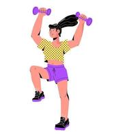 mujer joven haciendo ejercicios deportivos con pesas, ilustración de vector de dibujos animados plana aislada sobre fondo blanco. joven que lleva un estilo de vida saludable y hace ejercicio deportivo. tema de fitness y gimnasio.