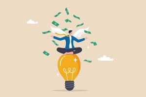 Angel investor, people who funding or support startup seed project since beginning, money support to grow business idea concept, rich businessman with angel wings on lightbulb idea with money banknote vector