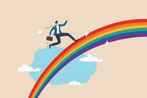 inspiración para tener éxito, imaginación y creatividad para construir esperanza y un futuro brillante, pensamiento positivo para encontrar oportunidades, hombre de negocios feliz corriendo con una maleta en un colorido arco iris en el cielo. vector