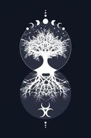 árbol sagrado y luna creciente. diosa triple fases lunares místicas, árbol de la vida, geometría sagrada. madre tierra wicca banner viejo signo, círculo de energía, estilo boho vector aislado fondo azul vintage