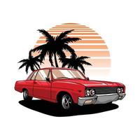 classic car with palm beach illustration