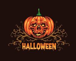 pumpkin halloween with skull face illustration vector