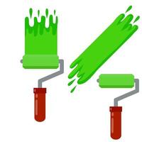 Roller for paint. Green tool with trace. element of decorator work. vector