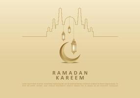 Ramadan kareem poster with one line mosque, moon and lantern vector