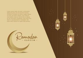 ramadan kareem con luna y linternas colgantes sobre fondo marrón. vector