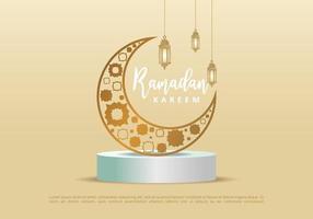 Ramadan kareem poster with moon, lanterns and islamic ornaments. vector
