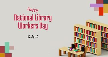 Background image with library voxel illustration and using red, purple, green, orange and grey color scheme. Perfect for National Library Workers Day greeting card photo