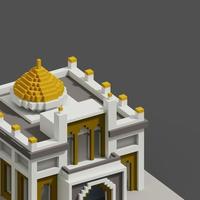 Representación 3d de voxel de la ilustración de la mezquita con un esquema de color amarillo, blanco y gris. perfecto para eventos islámicos y carteles de tarjetas de felicitación