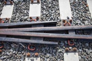 railroad tracks with rust on rock background photo