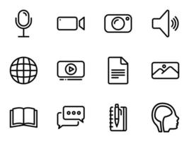 Set of black vector icons, isolated against white background. Flat illustration on a theme content creation tools and types. Line, outline, stroke