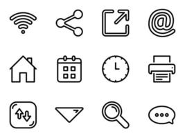 Set of black vector icons, isolated against white background. Flat illustration on a theme web icons for computer, phone, tablet, laptop and business. Line, outline, stroke