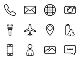 Set of black vector icons, isolated against white background. Flat illustration on a theme mobile phone functions, user settings and applications. Line, outline, stroke