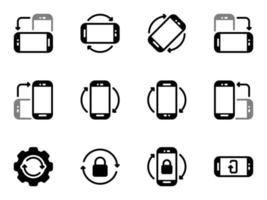 Set of black vector icons, isolated against white background. Flat illustration on a theme function of screen rotation in all directions. Fill, glyph