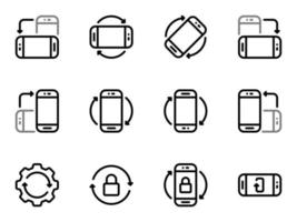 Set of black vector icons, isolated against white background. Flat illustration on a theme function of screen rotation in all directions. Line, outline, stroke