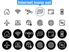 Set of black vector icons, isolated against white background. Flat illustration on a theme Internet. Line, outline, stroke