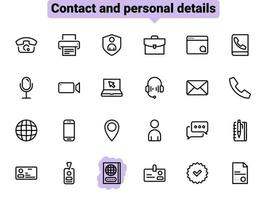 Set of black vector icons, isolated against white background. Flat illustration on a theme contact and personal data. Line, outline, stroke