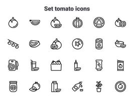 Set of black vector icons, isolated against white background. Flat illustration on a theme tomato, slice, whole, appetizing. Line, outline, stroke