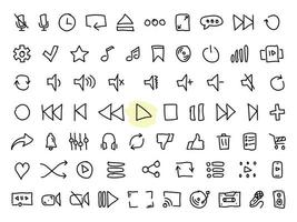 Set of black vector doodle icons, isolated against white background. Flat illustration on a theme audio and video player buttons. Line, outline, stroke