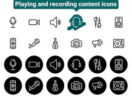 Set of black vector icons, isolated against white background. Flat illustration on a theme content creation, recording and playback. Line, outline, stroke