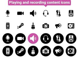 Set of black vector icons, isolated against white background. Flat illustration on a theme content creation, recording and playback. Fill, glyph