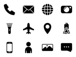 conjunto de iconos de vector negro, aislado sobre fondo blanco. ilustración plana sobre un tema funciones de teléfono móvil, configuración de usuario y aplicaciones. relleno, glifo