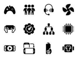 Set of black vector icons, isolated against white background. Flat illustration on a theme gaming competitions on mobile phones. Fill, glyph