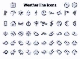 conjunto de iconos de vector negro, aislado sobre fondo blanco. ilustración plana sobre un tema símbolos y signos meteorológicos. línea, contorno, trazo