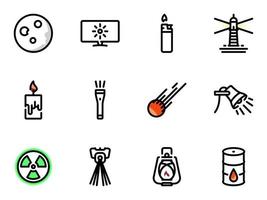 Set of black vector icons, isolated against white background. Illustration on a theme Sources of light