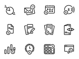 Set of black vector icons, isolated against white background. Illustration on a theme Tax instruments calculation, documentation