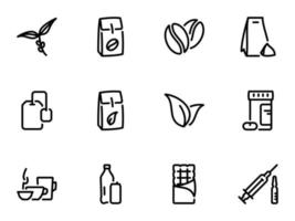 Set of black vector icons, isolated against white background. Illustration on a theme The main types of tea and coffee. Caffeine