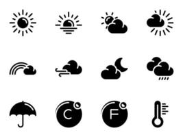 Set of black vector icons, isolated against white background. Flat illustration on a theme weather conditions and designations. Fill, glyph