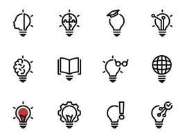 conjunto de iconos de vector negro, aislado sobre fondo blanco. ilustración sobre una fuente de luz creativa temática, advertencia, ajuste y uso de bombillas inteligentes