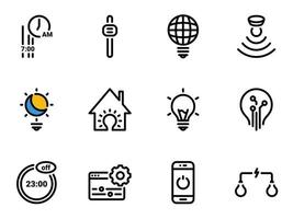 Set of black vector icons, isolated against white background. Illustration on a theme Smart home light, AI, night mode, fine-tuning, smartphone control