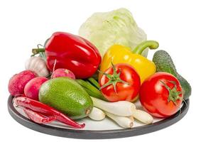 Ripe vegetables on a round kitchen board
