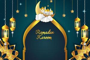 Ramadan Kareem Islamic with cloud background green and gold vector